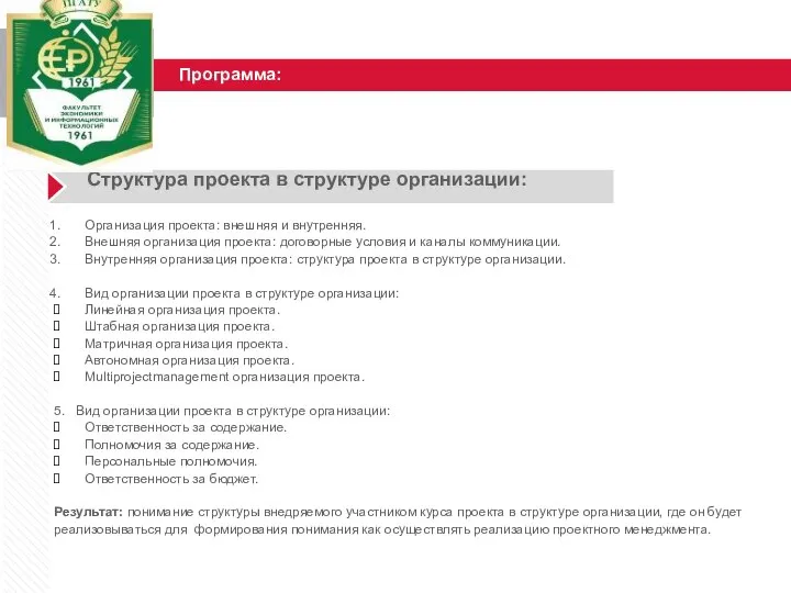 Структура проекта в структуре организации: Организация проекта: внешняя и внутренняя. Внешняя