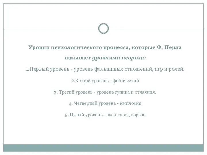 Уровни психологического процесса, которые Ф. Перлз называет уровнями невроза: 1.Первый уровень