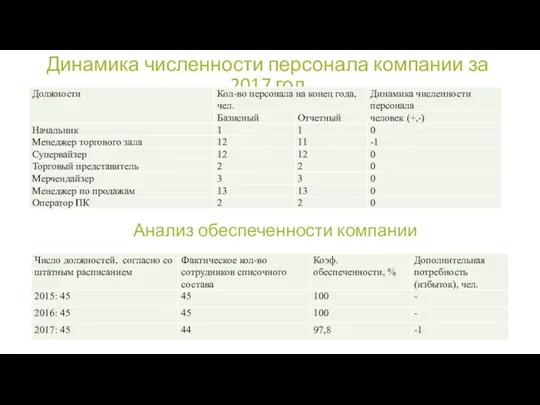 Динамика численности персонала компании за 2017 год Анализ обеспеченности компании кадрами