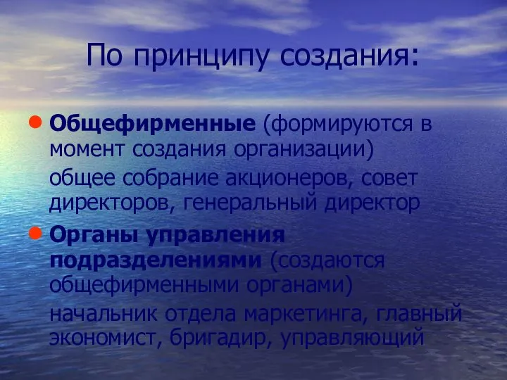 По принципу создания: Общефирменные (формируются в момент создания организации) общее собрание