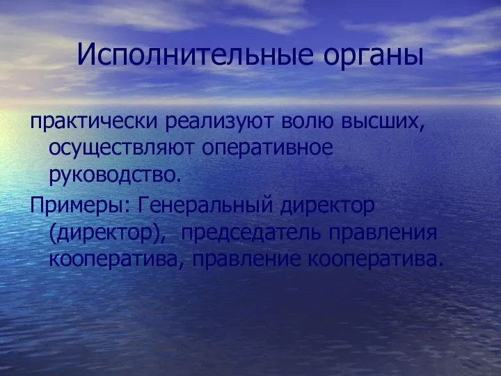 Исполнительные органы практически реализуют волю высших, осуществляют оперативное руководство. Примеры: Генеральный