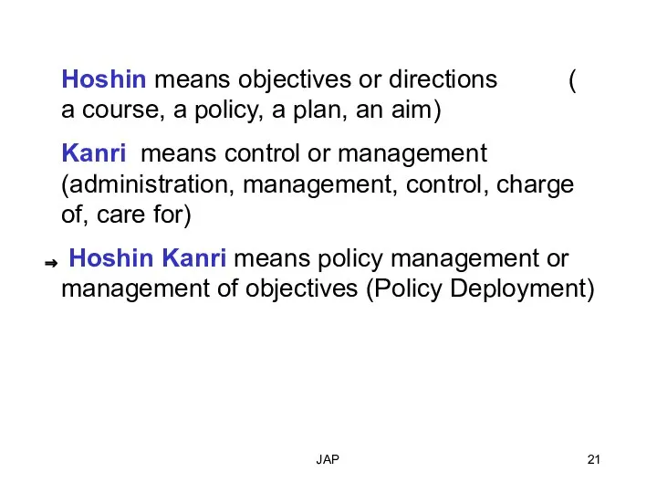 JAP Hoshin means objectives or directions ( a course, a policy,