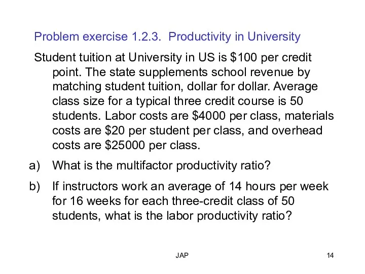 JAP Problem exercise 1.2.3. Productivity in University Student tuition at University