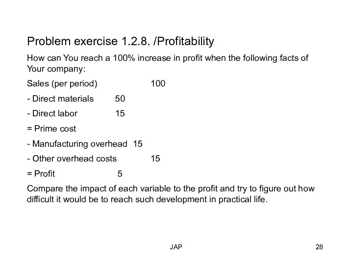 JAP Problem exercise 1.2.8. /Profitability How can You reach a 100%