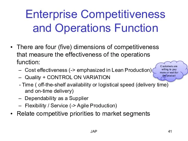 JAP Enterprise Competitiveness and Operations Function There are four (five) dimensions