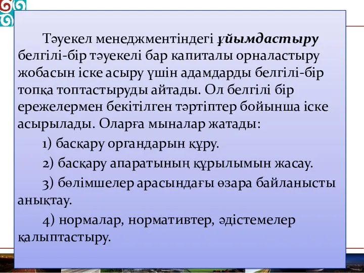 Тәуекел менеджментіндегі ұйымдастыру белгілі-бір тәуекелі бар капиталы орналастыру жобасын іске асыру