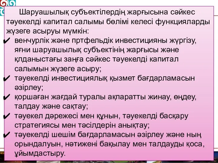 Шаруашылық субъектілердің жарғысына сәйкес тәуекелді капитал салымы бөлімі келесі функцияларды жүзеге