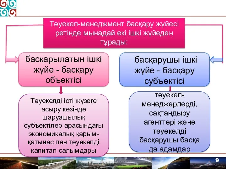 Тәуекел-менеджмент басқару жүйесі ретінде мынадай екі ішкі жүйеден тұрады: басқарылатын ішкі