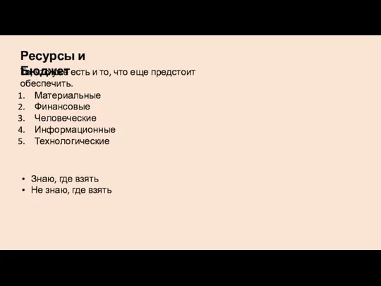 Ресурсы и Бюджет Материальные Финансовые Человеческие Информационные Технологические То, что уже