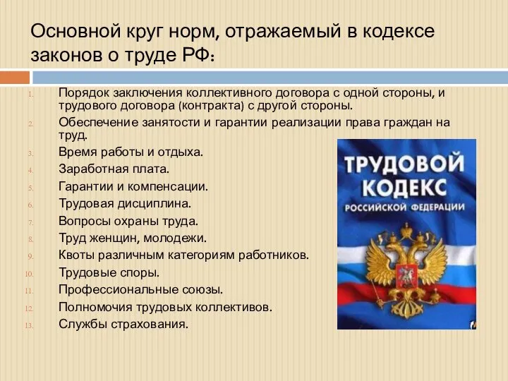 Основной круг норм, отражаемый в кодексе законов о труде РФ: Порядок