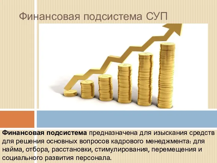 Финансовая подсистема предназначена для изыскания средств для решения основных вопросов кадрового