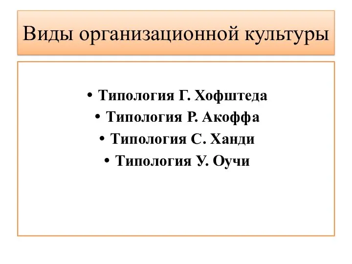 Виды организационной культуры Типология Г. Хофштеда Типология Р. Акоффа Типология С. Ханди Типология У. Оучи