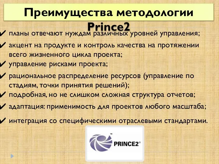 планы отвечают нуждам различных уровней управления; акцент на продукте и контроль