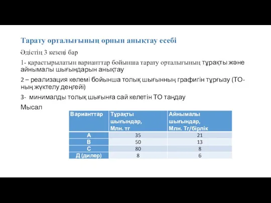 Тарату орталығының орнын анықтау есебі Әдістің 3 кезеңі бар 1- қарастырылатын