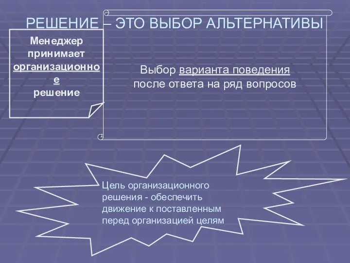 РЕШЕНИЕ – ЭТО ВЫБОР АЛЬТЕРНАТИВЫ Цель организационного решения - обеспечить движение