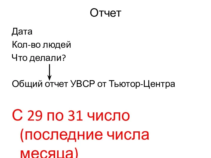 Отчет Дата Кол-во людей Что делали? Общий отчет УВСР от Тьютор-Центра