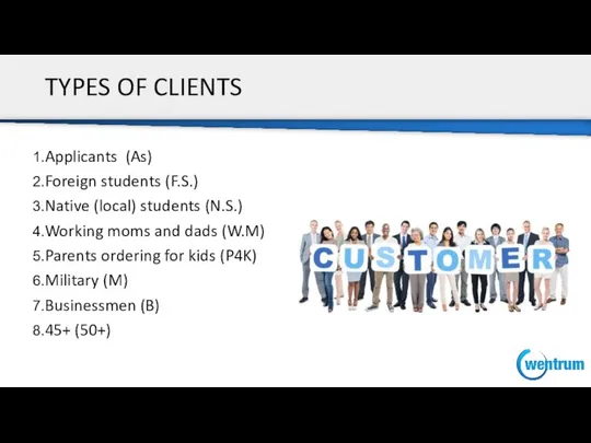 TYPES OF CLIENTS Applicants (As) Foreign students (F.S.) Native (local) students