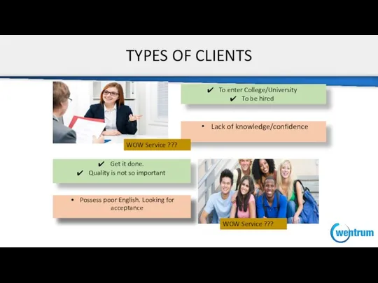 TYPES OF CLIENTS To enter College/University To be hired WOW Service ??? WOW Service ???