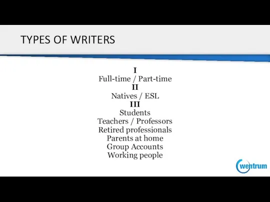 TYPES OF WRITERS I Full-time / Part-time II Natives / ESL