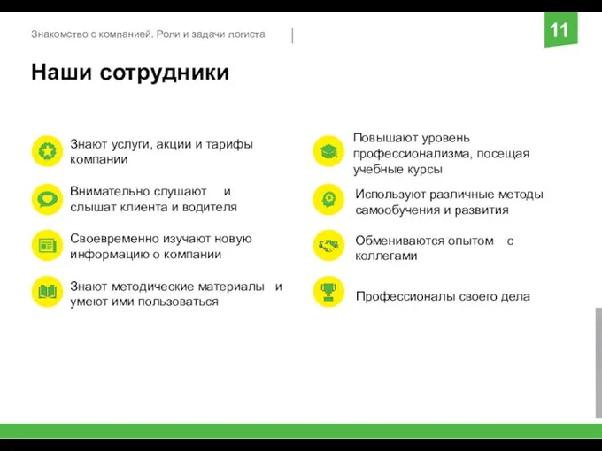 Знакомство с компанией. Роли и задачи логиста 11 Наши сотрудники Знают