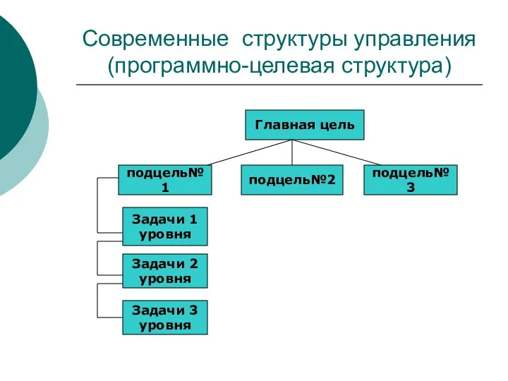 Современные структуры управления (программно-целевая структура) Главная цель подцель№1 подцель№2 подцель№3 Задачи
