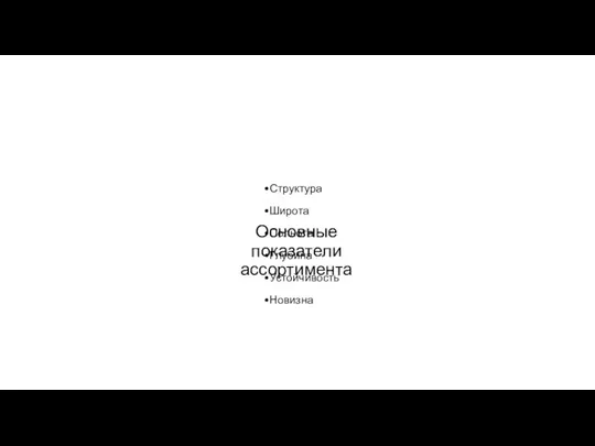 Основные показатели ассортимента Структура Широта Полнота Глубина Устойчивость Новизна