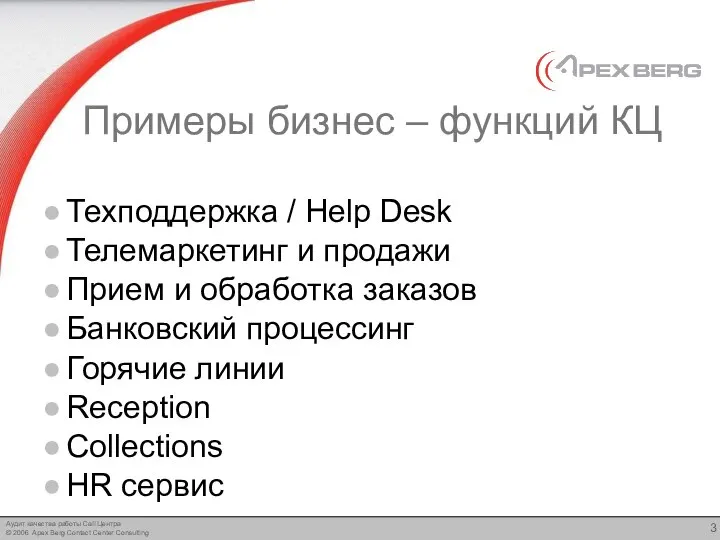 Примеры бизнес – функций КЦ Техподдержка / Help Desk Телемаркетинг и