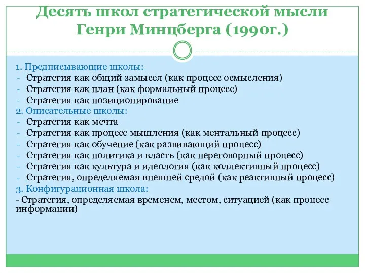 Десять школ стратегической мысли Генри Минцберга (1990г.) 1. Предписывающие школы: Стратегия