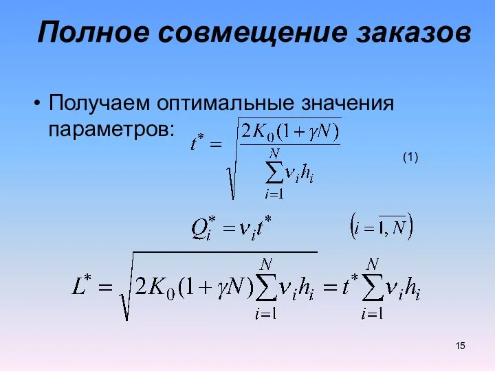 Получаем оптимальные значения параметров: Полное совмещение заказов (1)