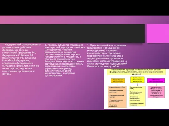1. Федеральный (макроуровень) - уровень взаимодействия федеральных органов, включающий Президента РФ,
