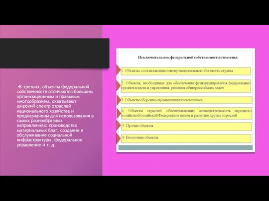 В-третьих, объекты федеральной собственности отличаются большим организационным и правовым многообразием, охватывают