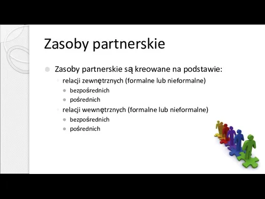 Zasoby partnerskie Zasoby partnerskie są kreowane na podstawie: relacji zewnętrznych (formalne