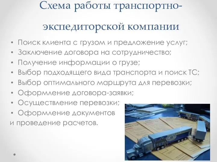 Схема работы транспортно-экспедиторской компании Поиск клиента с грузом и предложение услуг;