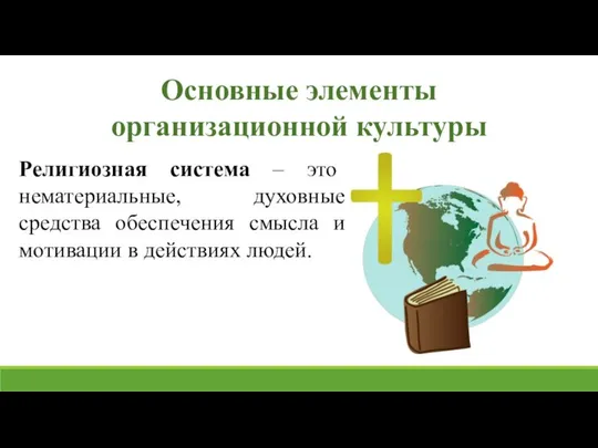 Основные элементы организационной культуры Религиозная система – это нематериальные, духовные средства