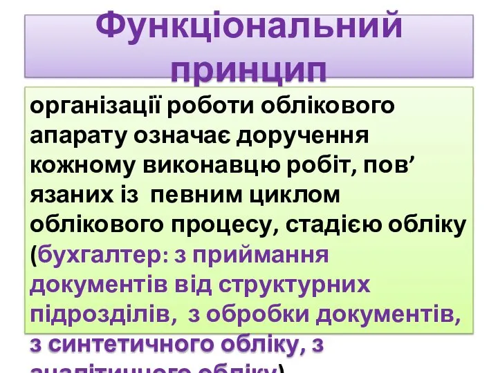 Функціональний принцип організації роботи облікового апарату означає доручення кожному виконавцю робіт,