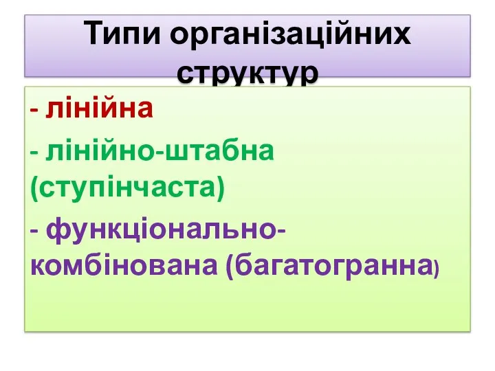 Типи організаційних структур - лінійна - лінійно-штабна (ступінчаста) - функціонально-комбінована (багатогранна)