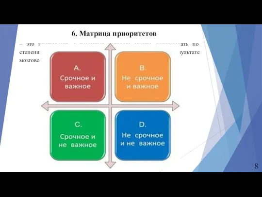 6. Матрица приоритетов – это инструмент, с помощью которого можно ранжировать