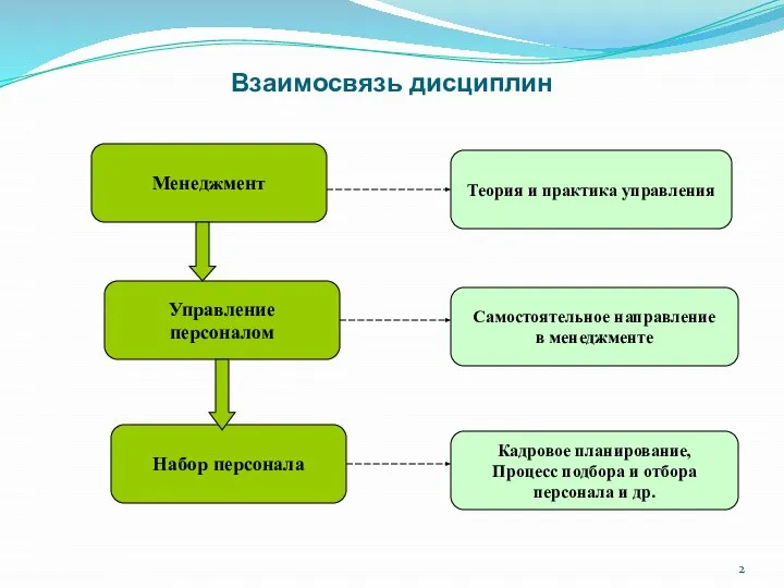 Взаимосвязь дисциплин Менеджмент Управление персоналом Набор персонала Теория и практика управления