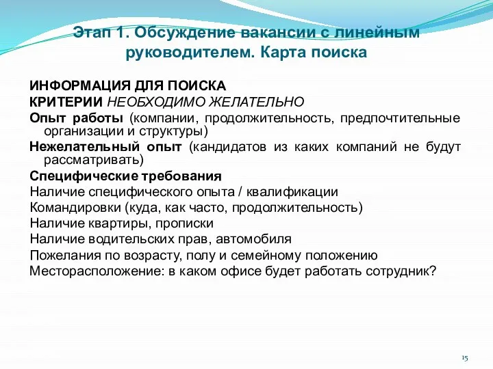 Этап 1. Обсуждение вакансии с линейным руководителем. Карта поиска ИНФОРМАЦИЯ ДЛЯ