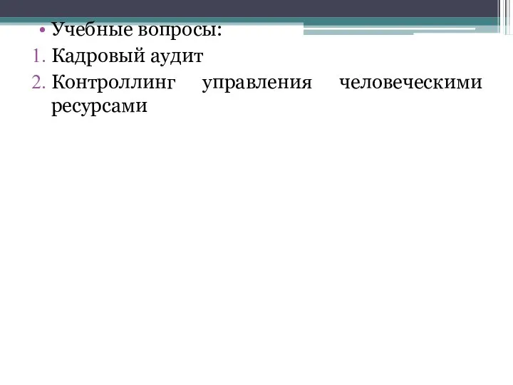 Учебные вопросы: Кадровый аудит Контроллинг управления человеческими ресурсами