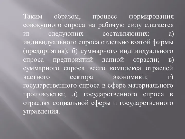 Таким образом, процесс формирования совокупного спроса на рабочую силу слагается из