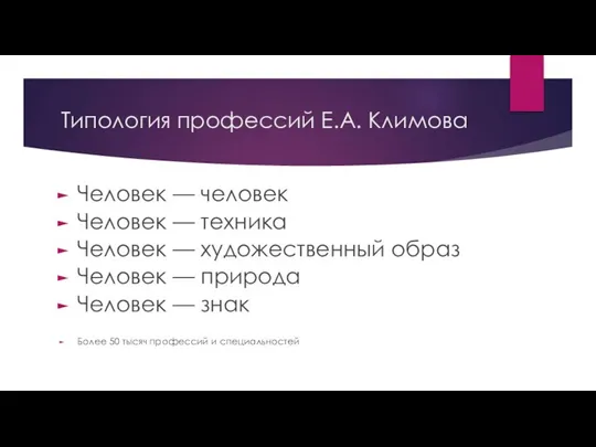 Типология профессий Е.А. Климова Человек — человек Человек — техника Человек