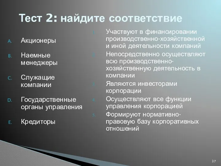 Тест 2: найдите соответствие Акционеры Наемные менеджеры Служащие компании Государственные органы