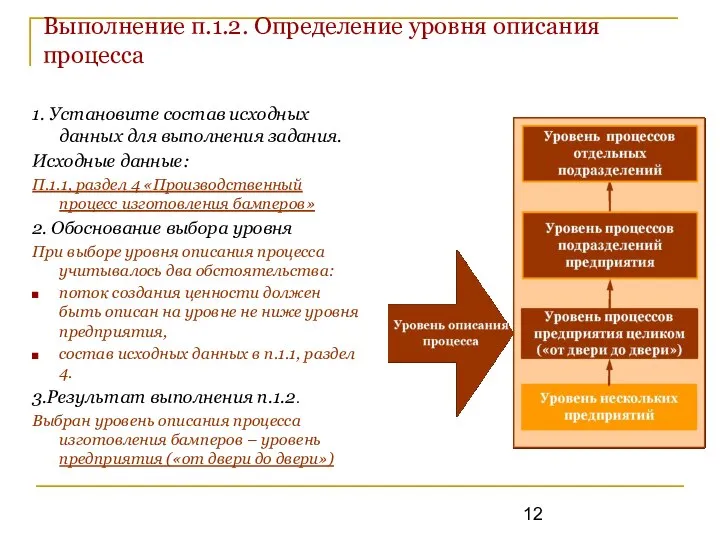 Выполнение п.1.2. Определение уровня описания процесса 1. Установите состав исходных данных