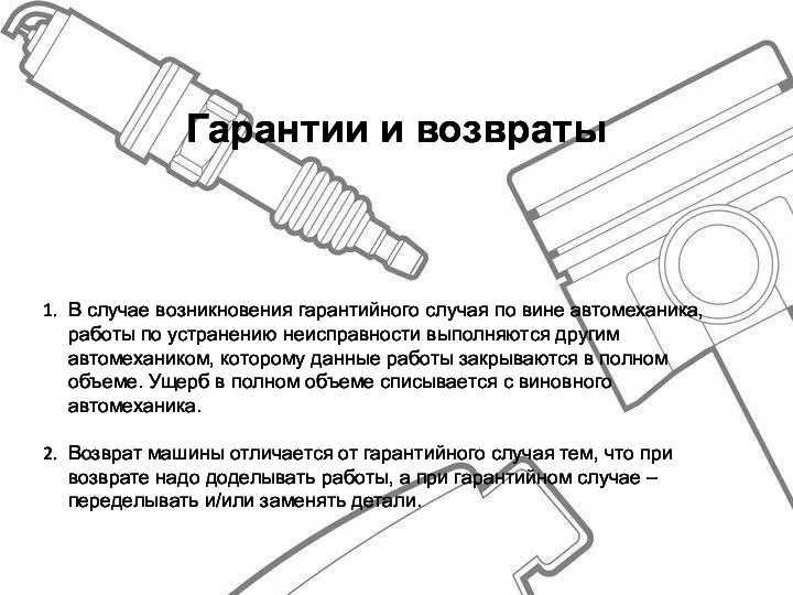 Гарантии и возвраты В случае возникновения гарантийного случая по вине автомеханика,