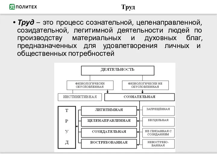 Труд Труд – это процесс сознательной, целенаправленной, созидательной, легитимной деятельности людей