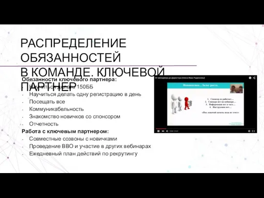 Обязанности ключевого партнера: Научиться делать 150ББ Научиться делать одну регистрацию в