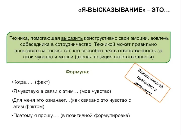 «Я-ВЫСКАЗЫВАНИЕ» – ЭТО… Техника, помогающая выразить конструктивно свои эмоции, вовлечь собеседника