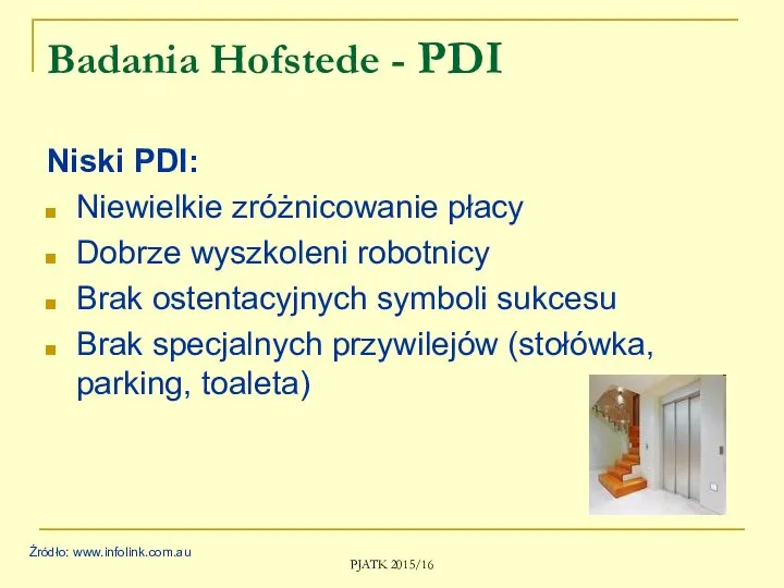 PJATK 2015/16 Badania Hofstede - PDI Niski PDI: Niewielkie zróżnicowanie płacy