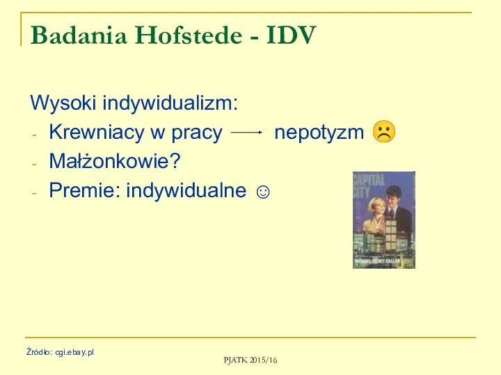 PJATK 2015/16 Badania Hofstede - IDV Wysoki indywidualizm: Krewniacy w pracy